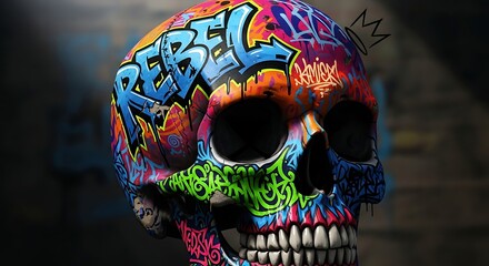 Vibrant skull art featuring graffiti rebel tag in a fusion of contemporary designs