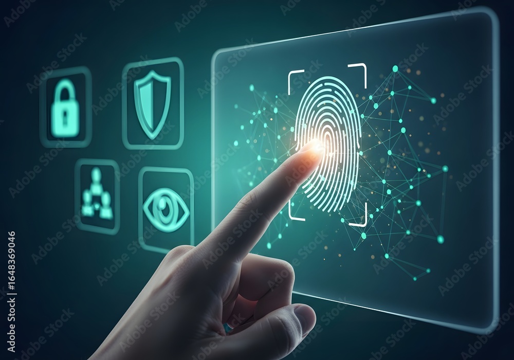 Poster a finger touches a digital fingerprint interface, activating security features on a screen.