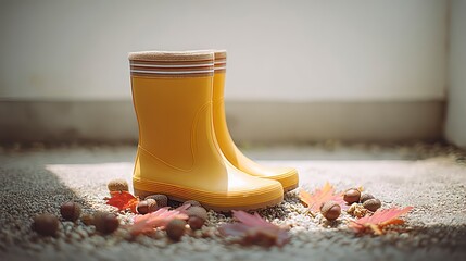 Yellow rain boots and autumn acorns sit on a pebbled surface with fallen leaves