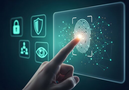 A finger touches a digital fingerprint interface, activating security features on a screen.
