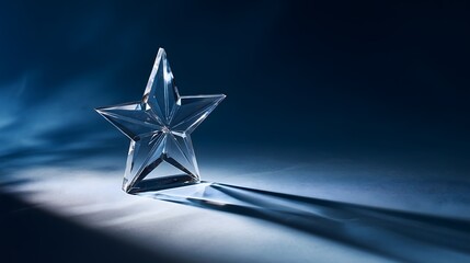 Transparent glass star trophy on blue background with light and shadow, elegant award symbolizing excellence, achievement, and recognition