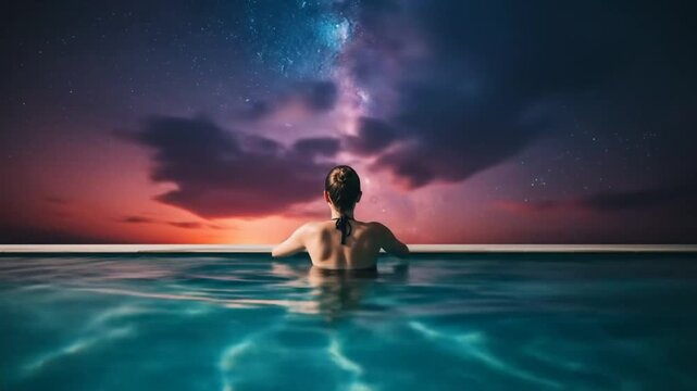 Woman in pool sunset view