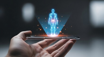 Glowing Human Anatomy Hologram Projected from a Smartphone for Futuristic Health Analysis.