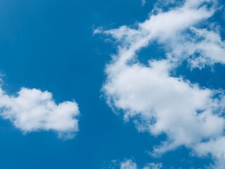 A collection of bright blue sky photographs with various formations of soft white clouds, captured...