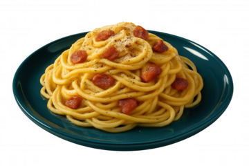 Creamy carbonara spaghetti featuring crispy sausage bits, freshly ground black pepper scattered atop, resting on vibrant teal ceramic plate