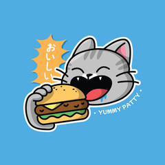 A CUTE GREY CAT IS EATING A BIG BURGER CARTOON LOGO