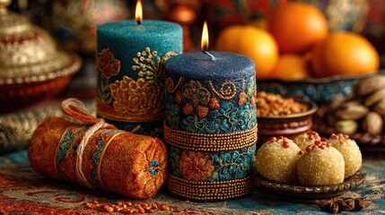 Ornate candles, sweets, and fruit on a patterned surface