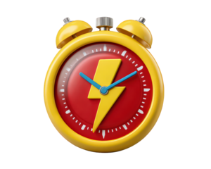 Yellow alarm clock with red face, blue hands, and bold yellow lightning bolt symbol, representing urgency, speed, and flash sale concept, isolated on transparency background