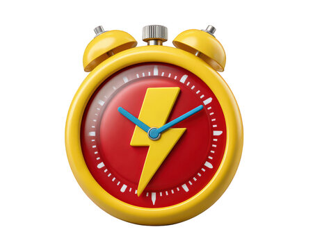 Yellow alarm clock with red face, blue hands, and bold yellow lightning bolt symbol, representing urgency, speed, and flash sale concept, isolated on transparency background
