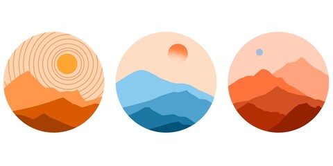 A minimalist sunset illustration featuring mountain with warm light