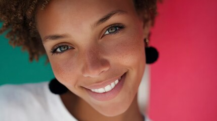 Close up portrait of a smiling young woman with freckles and curly hair against a teal and pink background