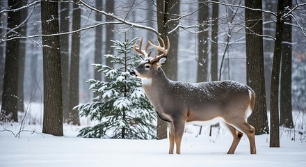 Majestic White-Tailed Deer Standing Proudly in a Snowy Winter Woodland Scene