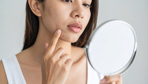 Woman worry about her face when she saw the problem of acne occur on her chin by a mini mirror. 