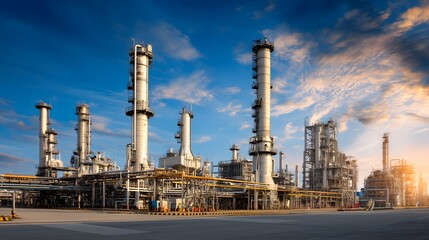 Obraz premium Large industrial oil refinery plant with tall distillation towers and pipelines under blue sky, petrochemical industry facility for energy production and processing