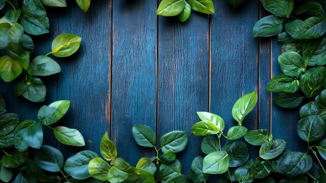 Lush green leaves arranged in a decorative border on a rustic blue wooden background