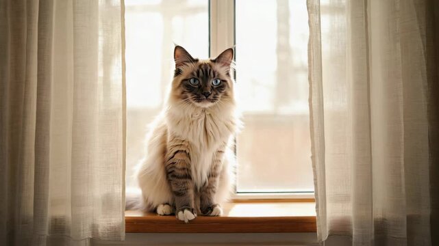Turkish Angora cat with flowing white fur, sitting by a window, gentle sunlight highlighting its graceful posture, dreamy and serene mood
