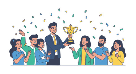 Fototapeta premium A man in a suit holds a golden trophy while his colleagues applaud under falling confetti, celebrating a success.