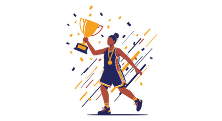 Fototapeta premium A female basketball player celebrates victory, holding a golden trophy overhead, with confetti falling around her.