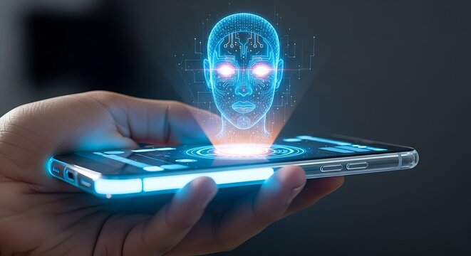 Human Hand Holding Smartphone Projecting Glowing AI Hologram Head
