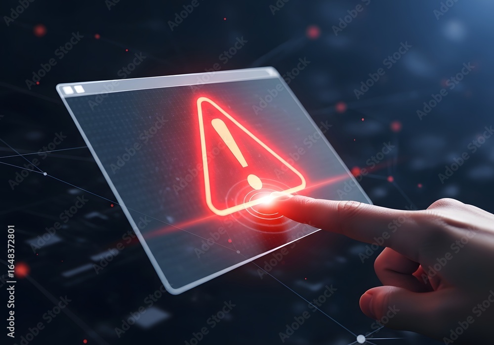 Poster a hand interacting with a digital screen displaying a red warning symbol.