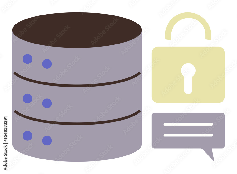 Poster server stack alongside a lock and a speech bubble. ideal for cybersecurity, data protection, databas