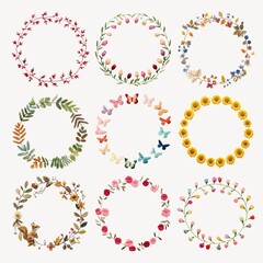 Flower wreath hand embroidery design element set