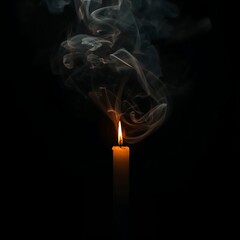 A lit candle with smoke rising against a dark background.