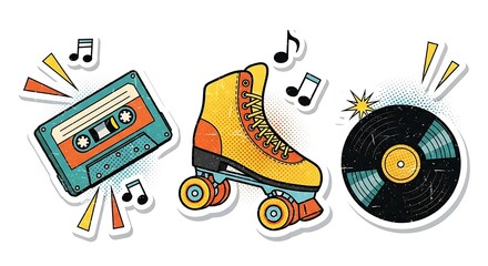 Retro Pop Art: Cassette, Roller Skate, Vinyl Record, Music Notes, Vintage Style.