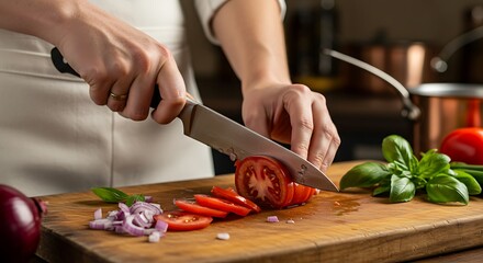 Obraz premium Person Cutting Ripe Red Tomato on Wooden Board in Kitchen