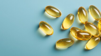 Golden omega-3 fish oil capsules on blue background, dietary supplement softgels rich in healthy fats and vitamins for wellness, heart health, and nutrition support