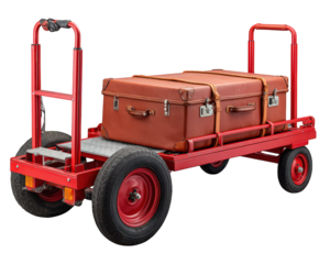 Red luggage trolley with large brown suitcase metal frame rubber wheels isolated on transparency background travel equipment practical and sturdy transportation concept utilitarian design
