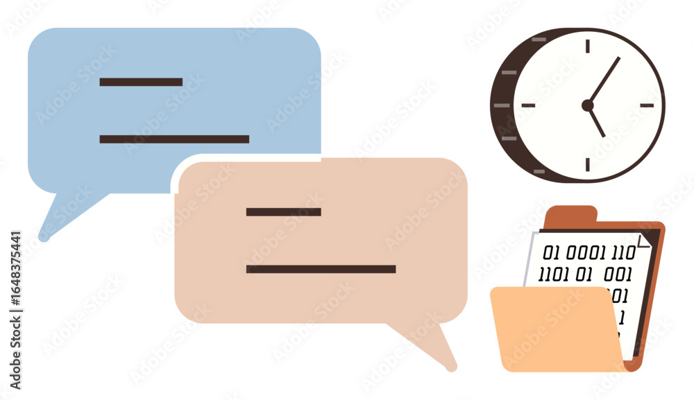 Poster two speech bubbles representing dialogue, a clock symbolizing time, and a file folder with binary da