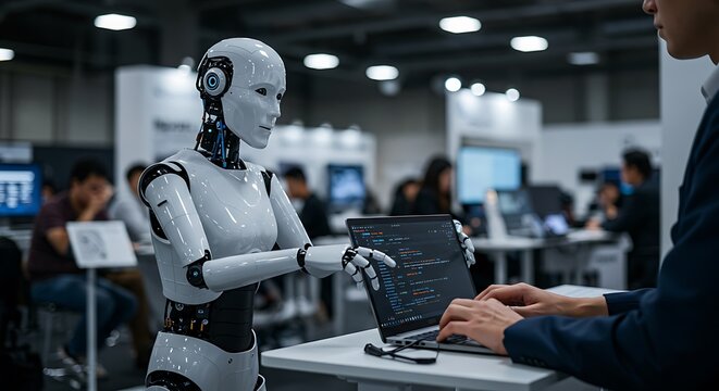 Robot and developer working collaboratively on a laptop with code