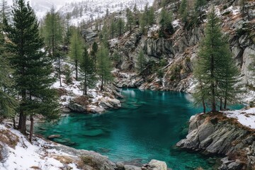 Turquoise alpine lake nestled among snow-capped mountains and pine trees