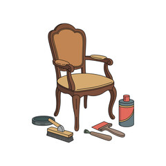 Fototapeta premium Armchair with furniture restoration tools and cleaning supplies repair