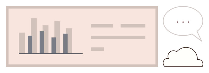 Bar chart presentation next to text lines and a cloud with a speech bubble. Ideal for data analysis, business reports, communication, technology, cloud storage, education, simple flat metaphor