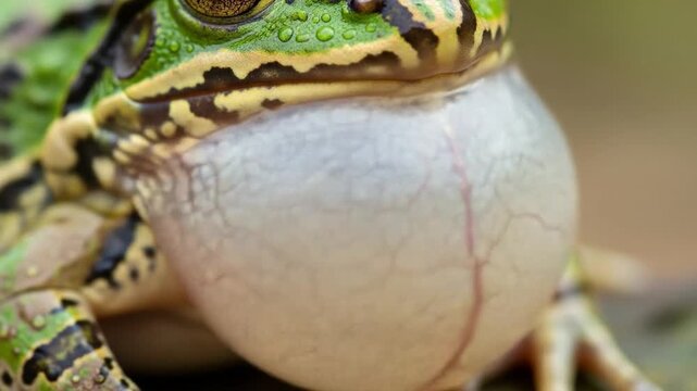 Close-up of a Green Frog Inflating Its Vocal Sac During Croaking Ritual