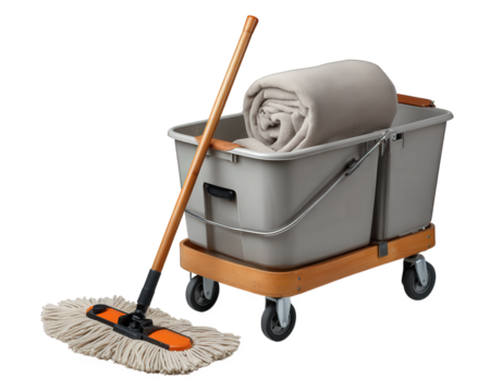 Mop bucket wheels cleaning equipment folded blanket wooden handle gray isolated hygiene janitorial maintenance household tool floor absorbent textile utility service sanitation professional supply