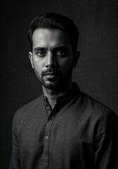 Obraz premium Dramatic black and white studio portrait of a young indian man with intense gaze and traditional attire