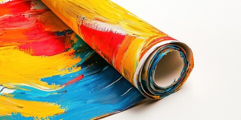 A rolled-up canvas with vibrant, abstract brushstrokes in bright colors like yellow, red, and blue, set against a plain white background. 
