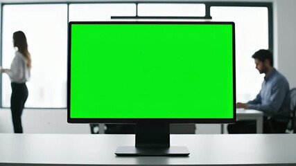Office workers passing green screen