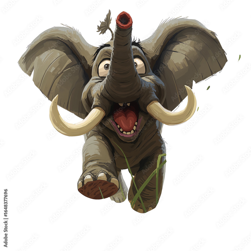 Poster animated elephant character with expressive eyes and raised trunk on isolated transparent display
