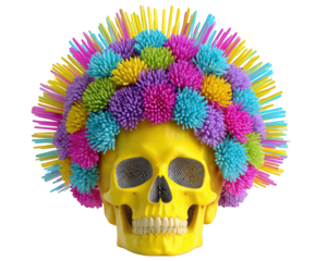 Yellow skull with colorful spiky hair, vibrant glow sticks, and playful party mood, perfect for Halloween, celebration, or funky festival decoration