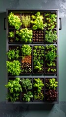 Vertical kitchen garden showcasing fresh herbs and leafy greens in a modern frame