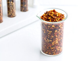 Dried red pepper flakes in beaker