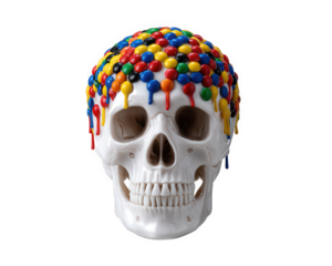 Colorful skull with candy and slime playful and surreal transparency background creative Halloween concept vibrant fun unique artistic isolated cheerful mood