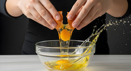 Hands carefully crack open two fresh eggs, with yolks and whites splashing into a clear glass bowl, creating a dynamic culinary moment.