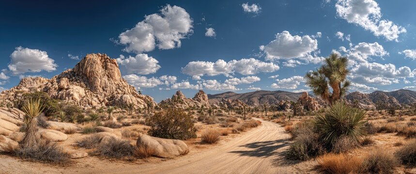 Panoramic desert landscape with rocky formations, Joshua trees, and a dirt road - Powered by Adobe