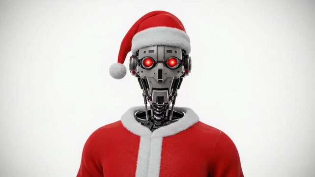 Futuristic holiday greetings with a robotic Santa Claus delivering festive cheer, robotic santa