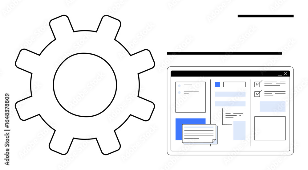 Poster large gear next to a user interface layout of task management elements including lists, checkmarks, 